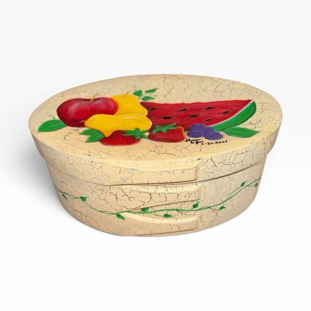 Vintage Hand Painted Ceramic Trinket Box Faux Bentwood Pantry Fruit Signed 2001